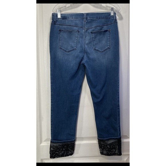 Chico's So Slimming 00 Black Sequin Lace Cuff Ankle Denim Blue Jeans Mint! - Picture 3 of 12